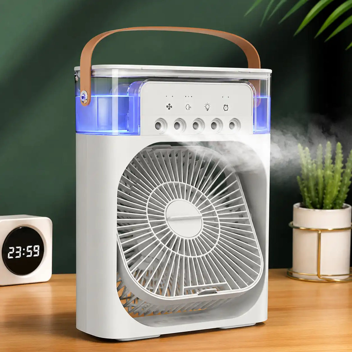 Ventilateur Humidificateur Portable Rafraîchisseur d'Air 3-en-1 avec Brumisation & Éclairage LED
