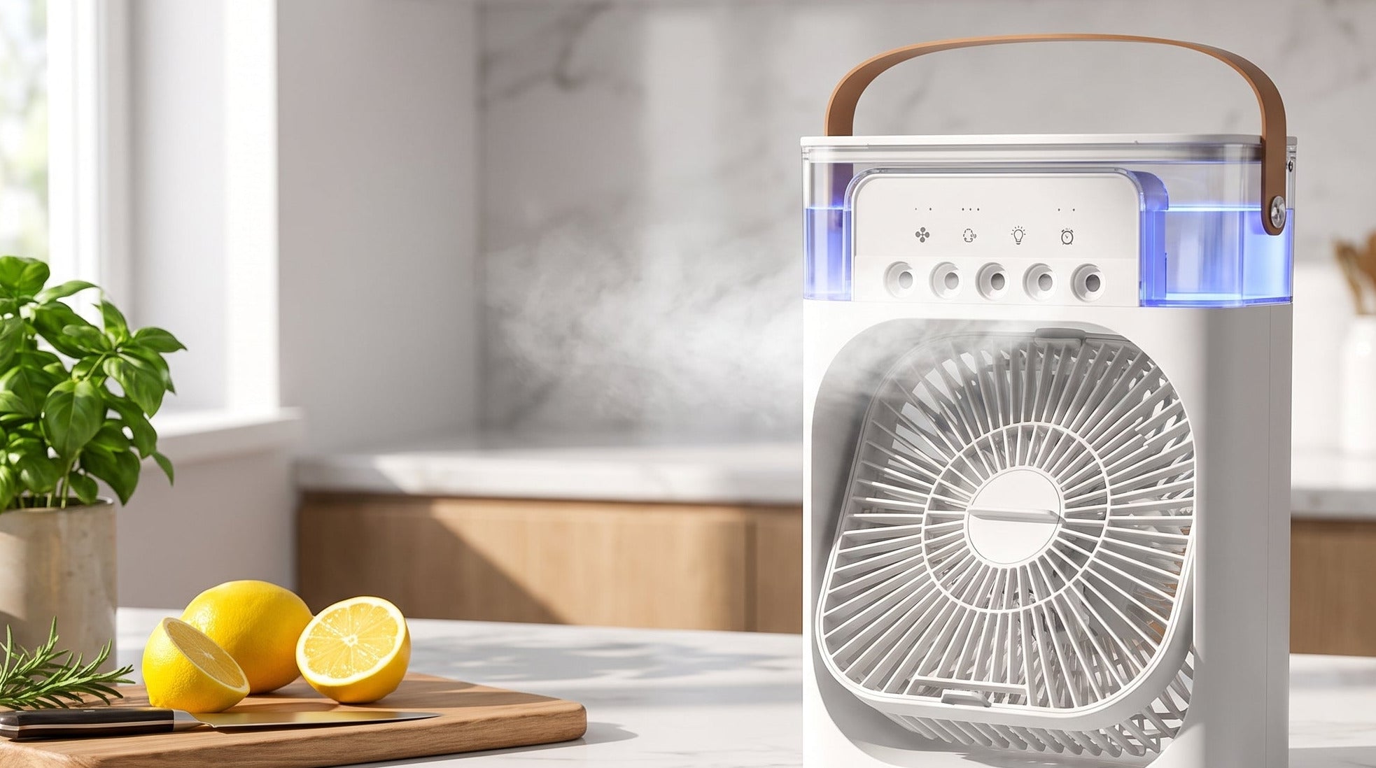 Ventilateur Humidificateur Portable Rafraîchisseur d'Air 3-en-1 avec Brumisation & Éclairage LED