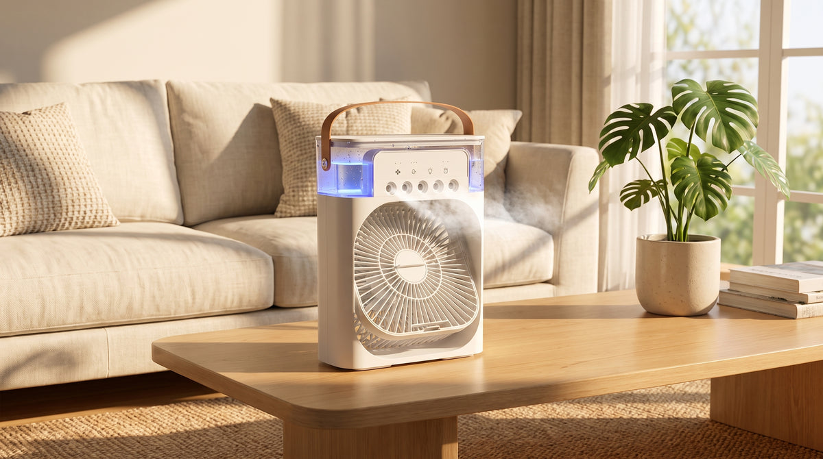 Ventilateur Humidificateur Portable Rafraîchisseur d'Air 3-en-1 avec Brumisation & Éclairage LED