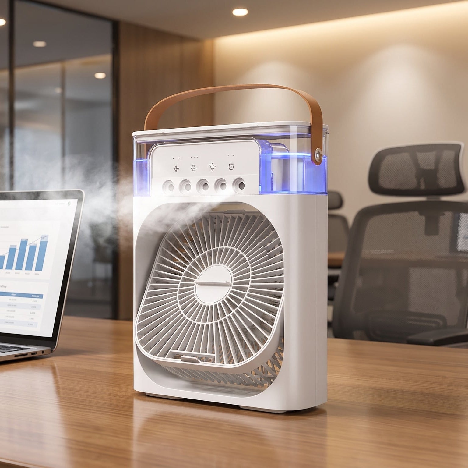 Ventilateur Humidificateur Portable Rafraîchisseur d'Air 3-en-1 avec Brumisation & Éclairage LED